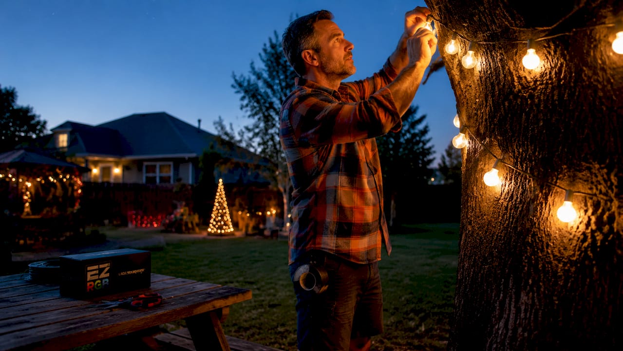 Homeowner installing weatherproof outdoor holiday lights