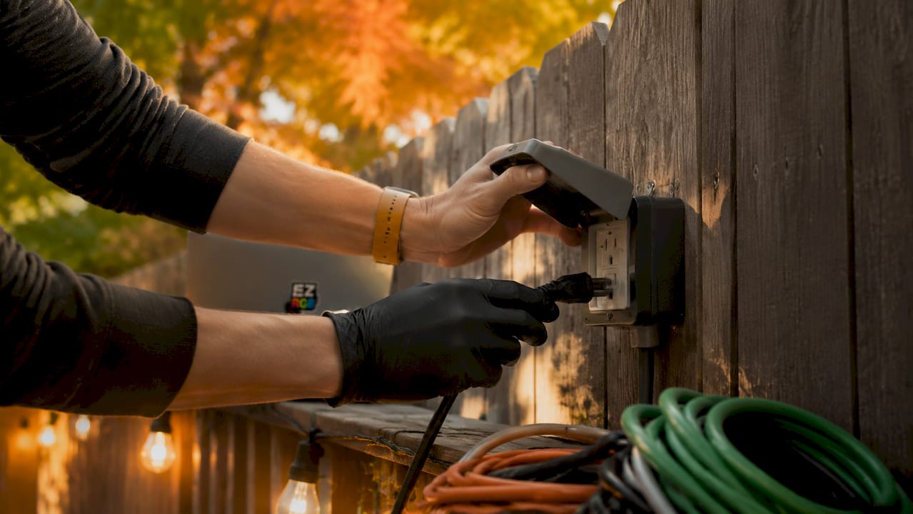 Hands plugging in weatherproof outdoor light outlet