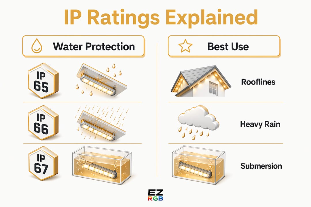 Infographic comparing IP65, IP66, IP67 ratings for outdoor lights