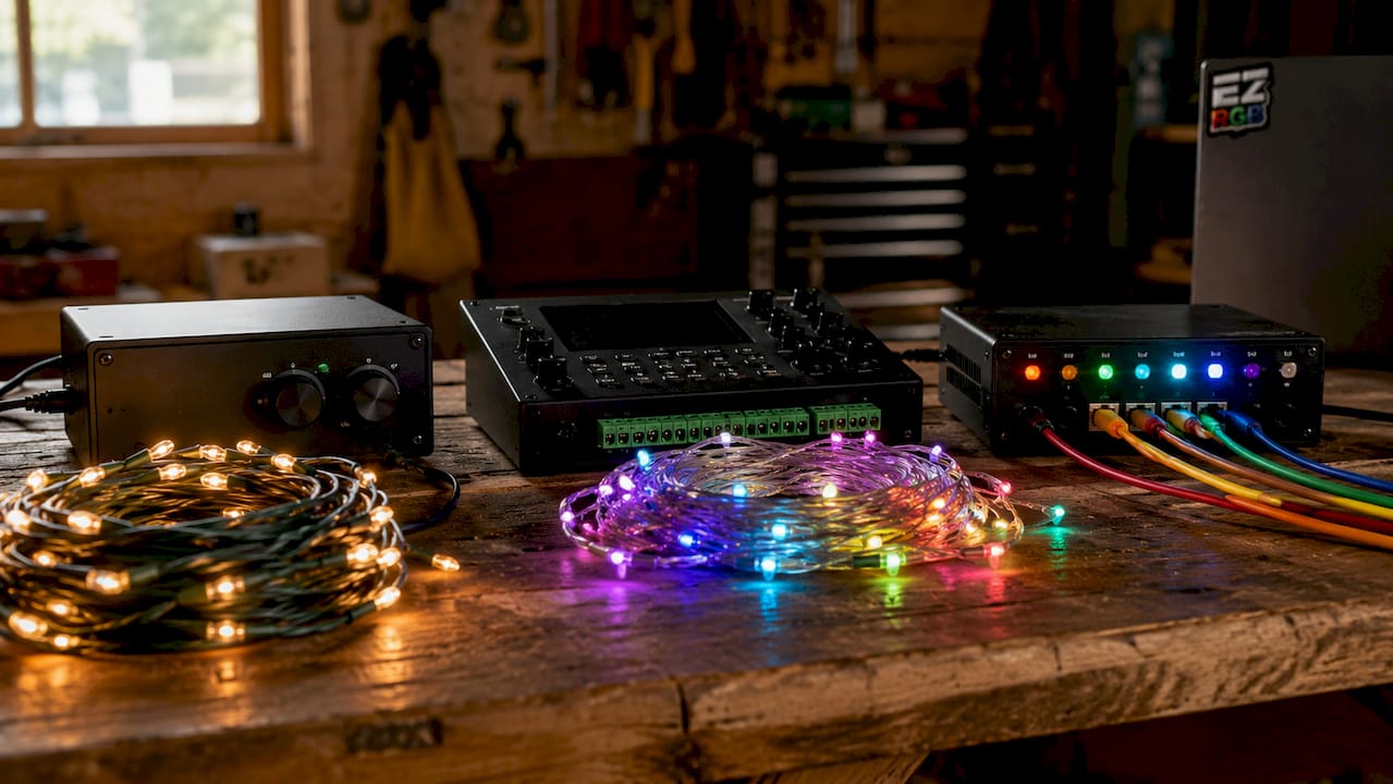 Three types of holiday lighting controllers on table