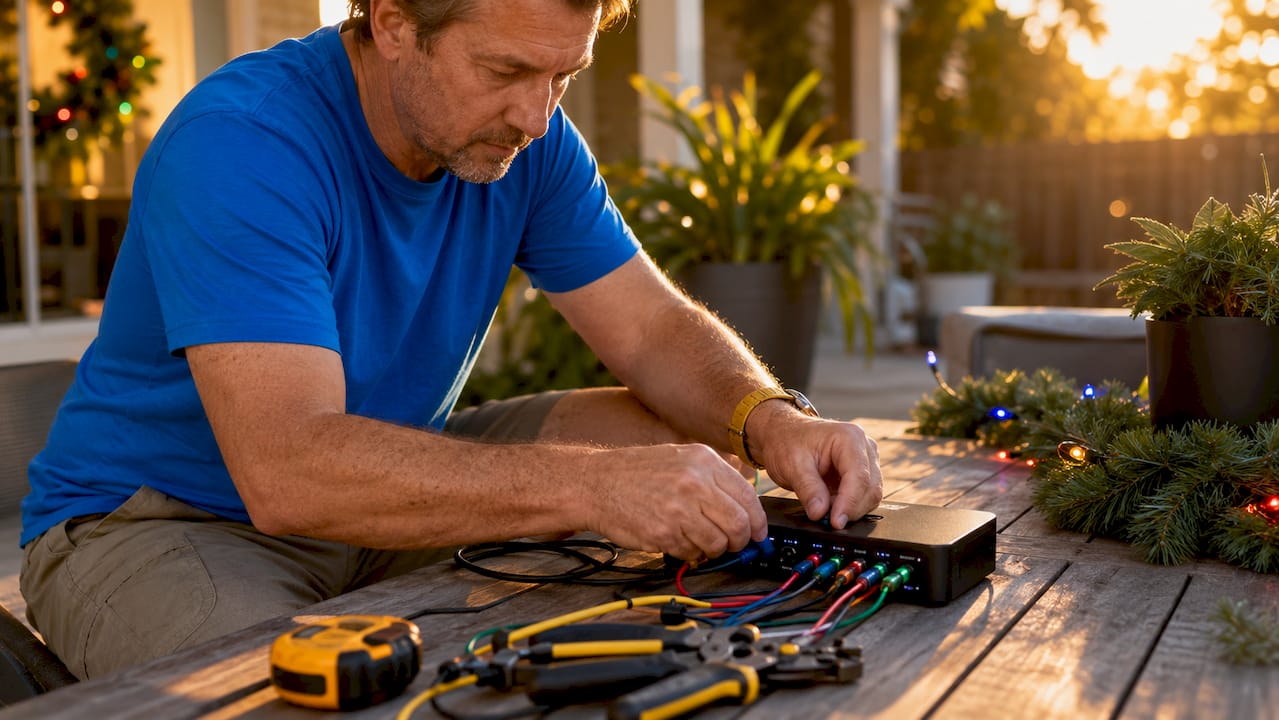 Man setting up holiday lighting controller in garage