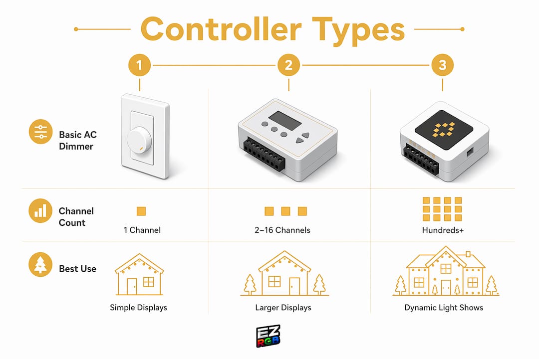 Infographic showing types of holiday lighting controllers hierarchy