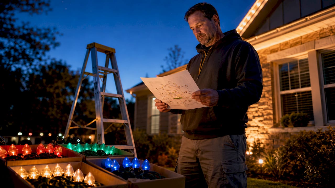 Man planning outdoor holiday lighting at home