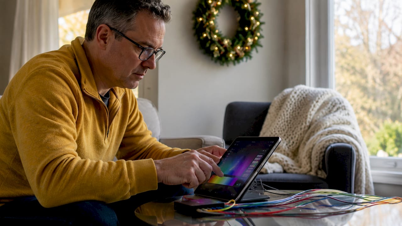Man programming holiday lighting effects at home