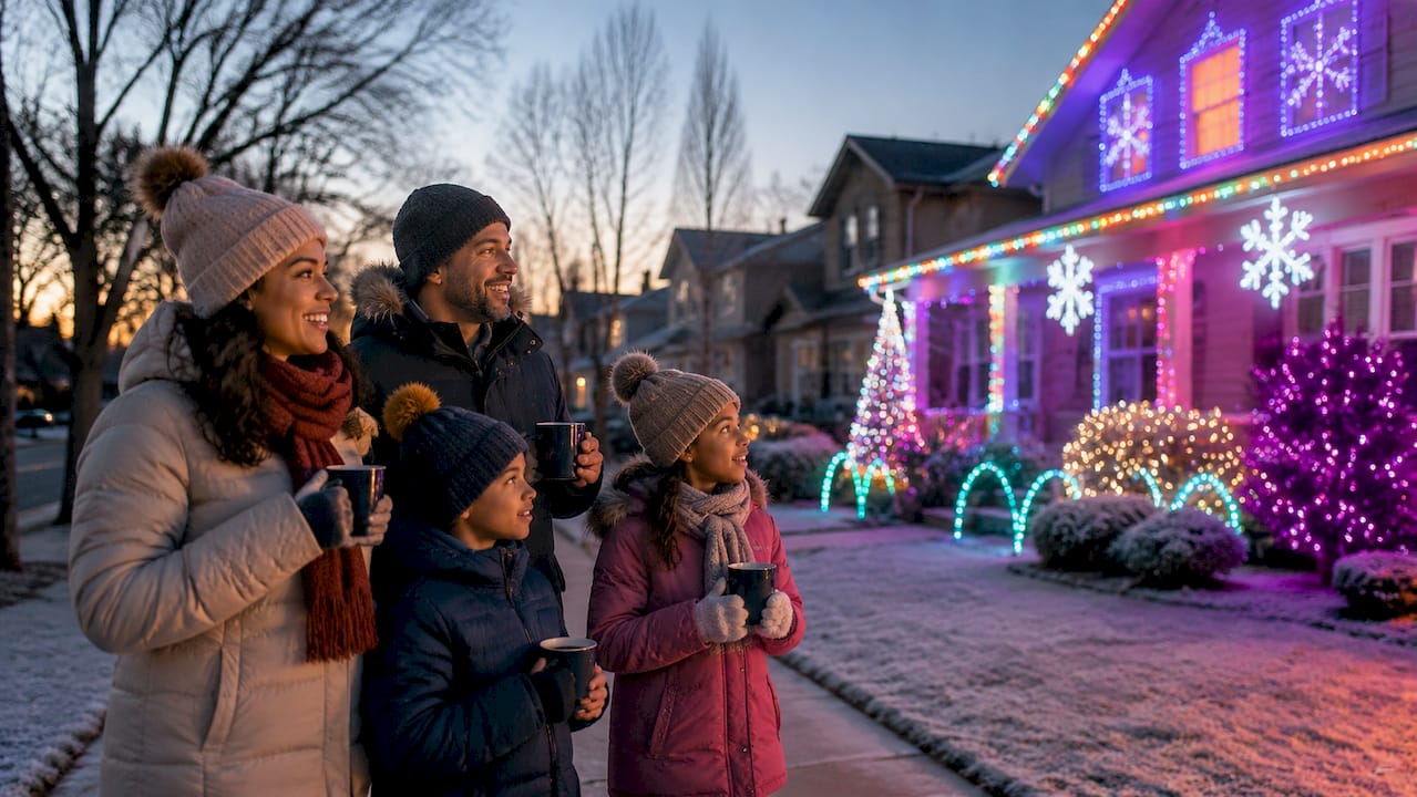 Family viewing animated holiday light display outside