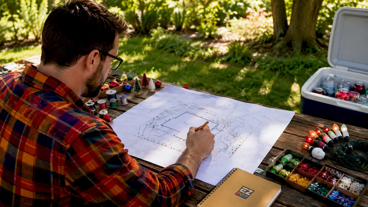 Hands sketching holiday light zones plan on paper