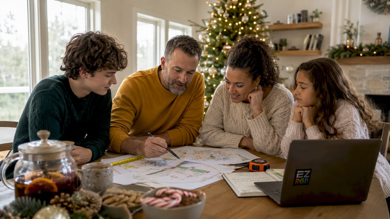 Family planning holiday light layout at kitchen table