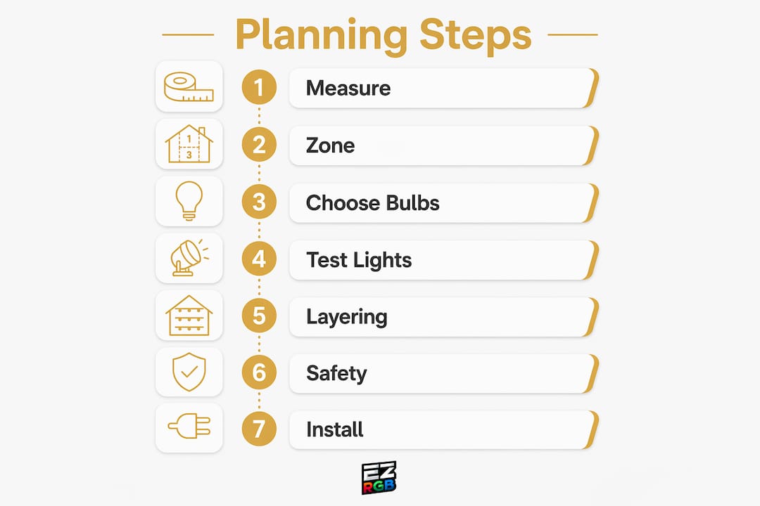Infographic displaying seven key holiday light planning steps