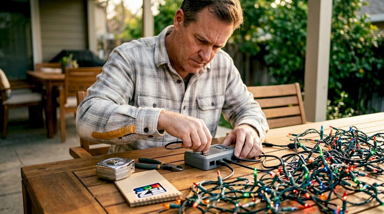 Man connecting holiday lights to controller in workshop