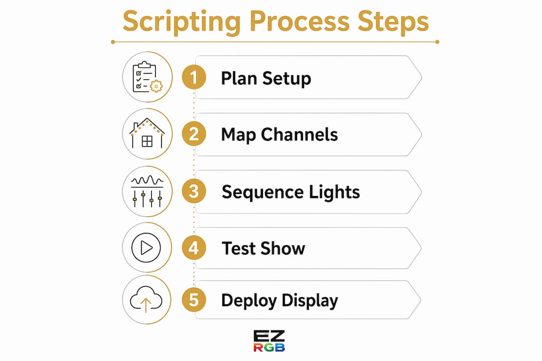 Infographic illustrating holiday light show script process steps