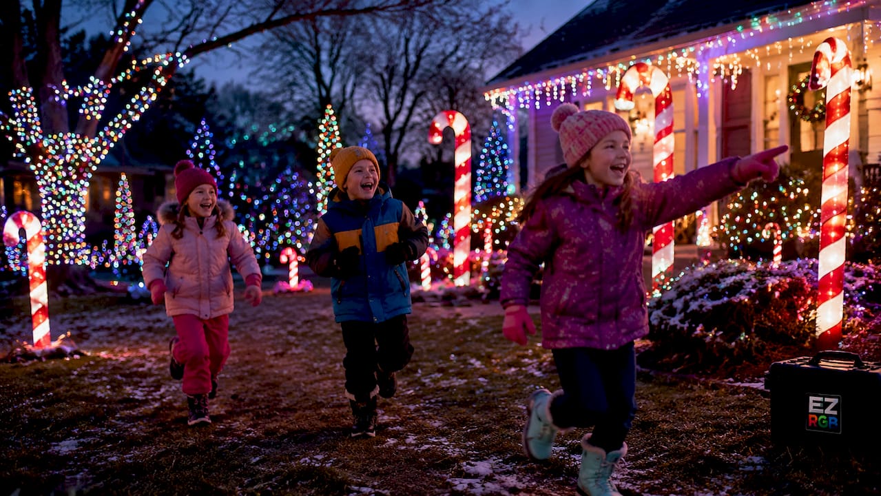 Child pointing at colorful whimsical holiday lights outdoors