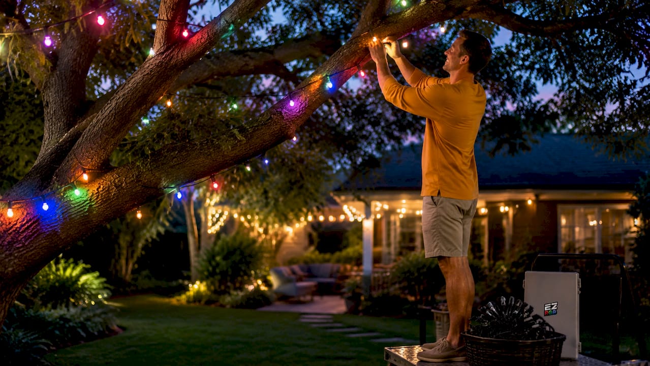 Person hanging traditional LED holiday lights outdoors