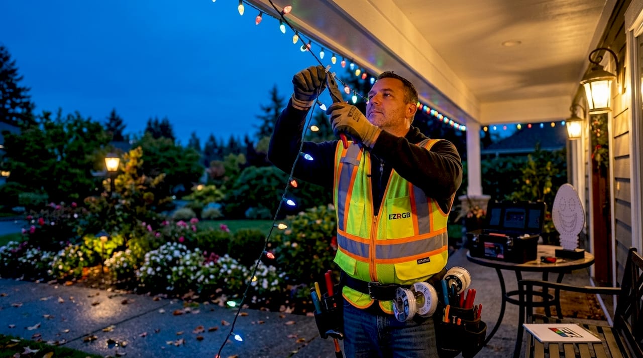 Electrician installing RGB holiday lights on roof