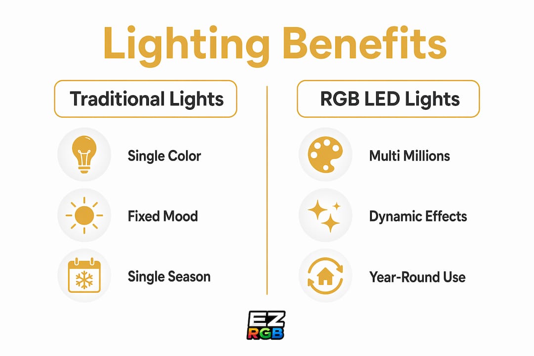 Infographic comparing traditional vs RGB LED lighting benefits