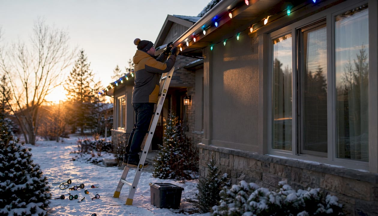 Homeowner installing LED roofline holiday lights at dusk