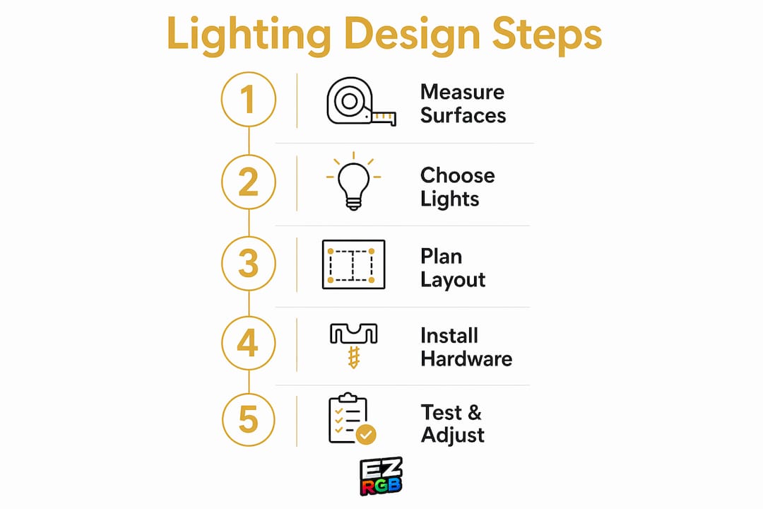 Infographic showing steps to design festive exterior lighting