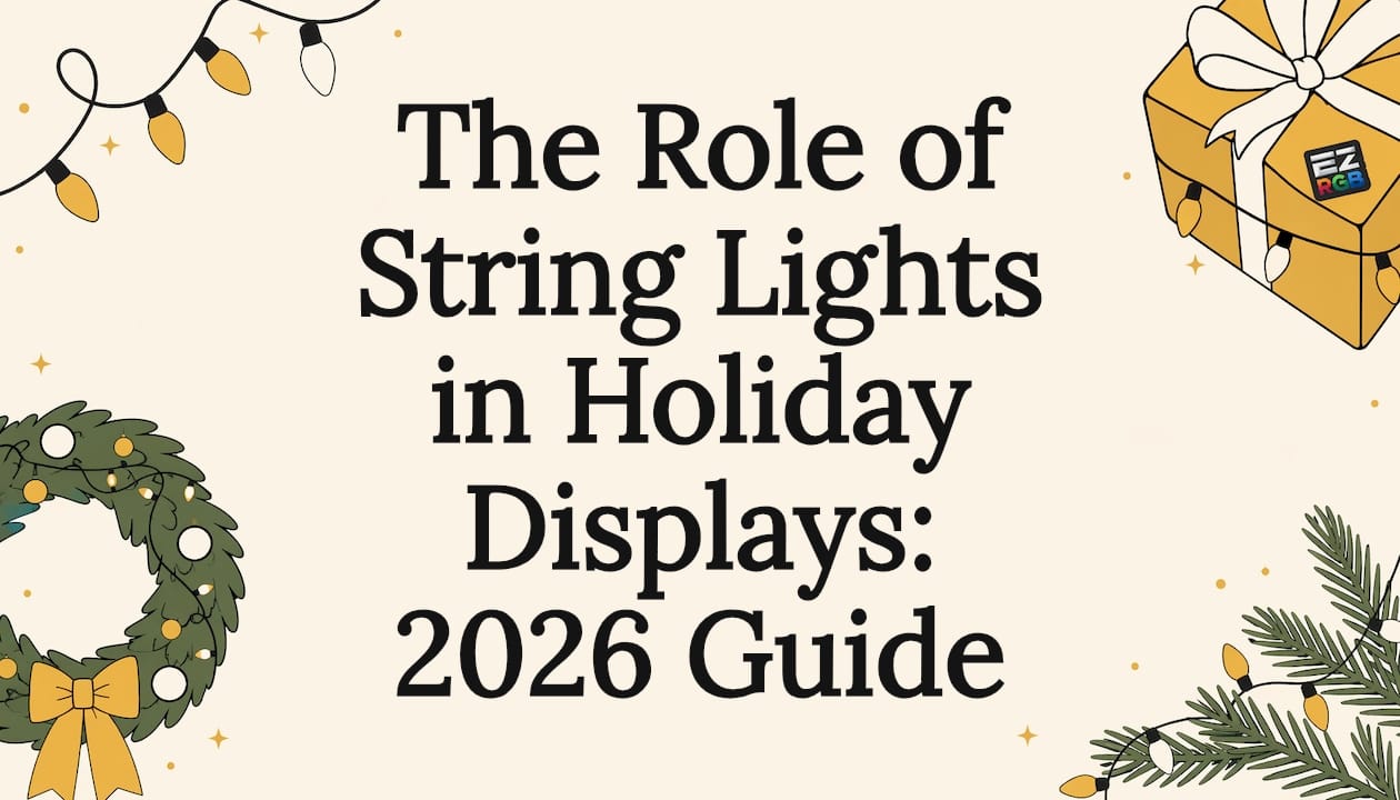 Decorative holiday string lights title card illustration