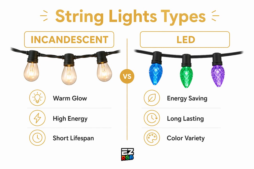 Infographic comparing incandescent and LED string lights