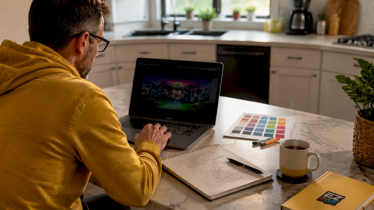 Man using light show design software at home desk