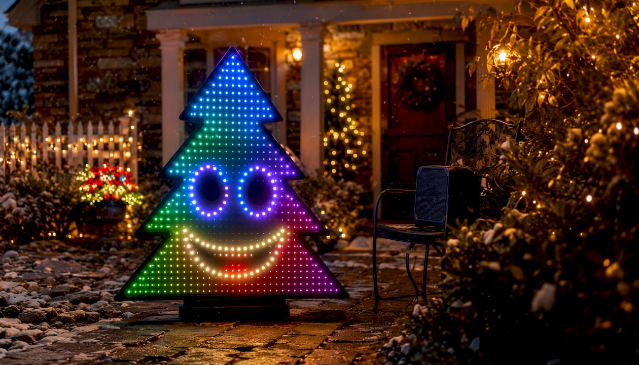 EZRGB LED pixel singing Christmas prop outdoors at dusk