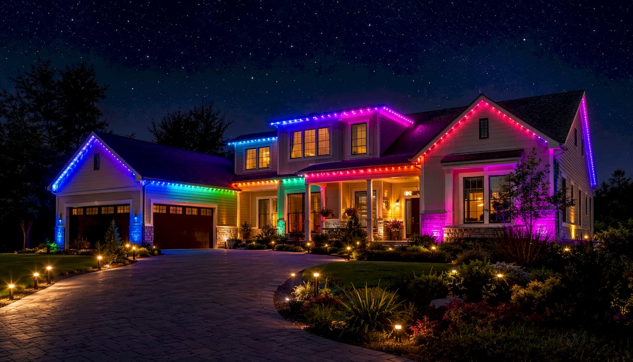Exterior of home with animated RGB lights