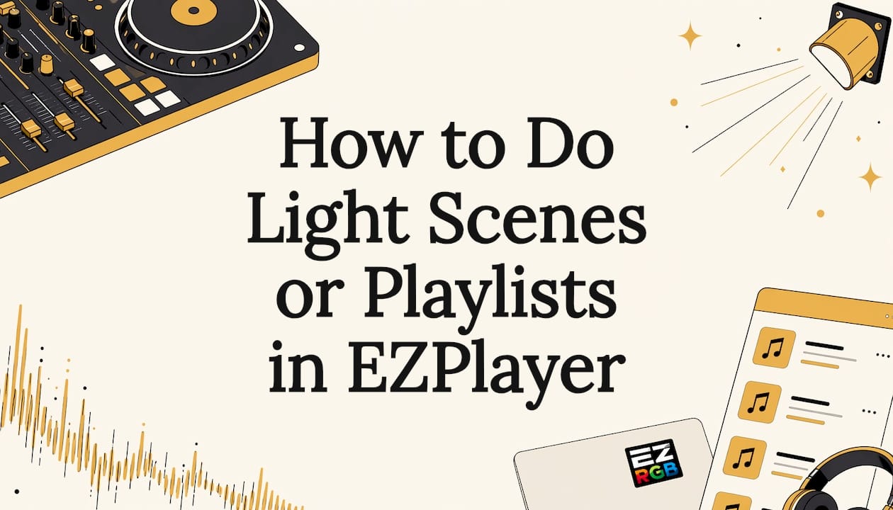Illustrated blog title card with music and light icons