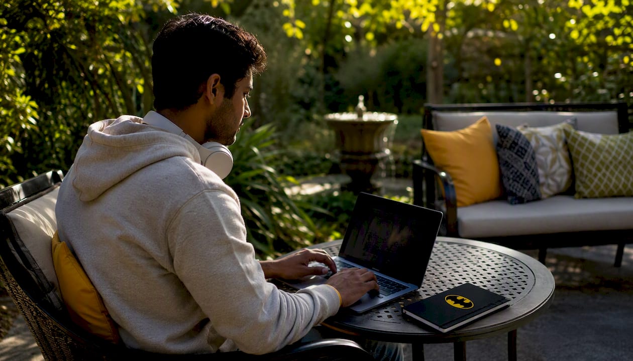 Hands managing lighting sequences on laptop