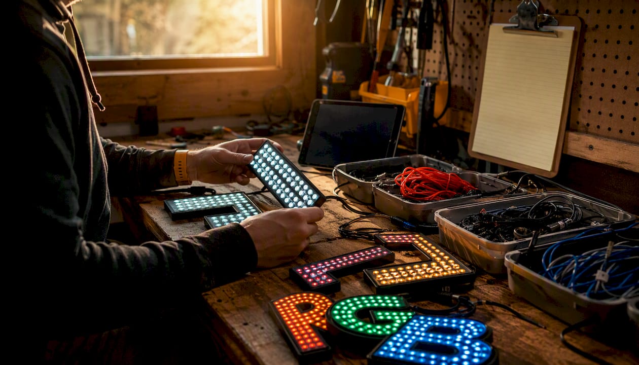 Hands arranging LED props with pricing checklist