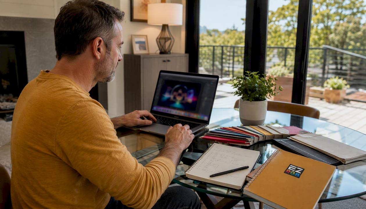 Man designing lighting layout at home office desk