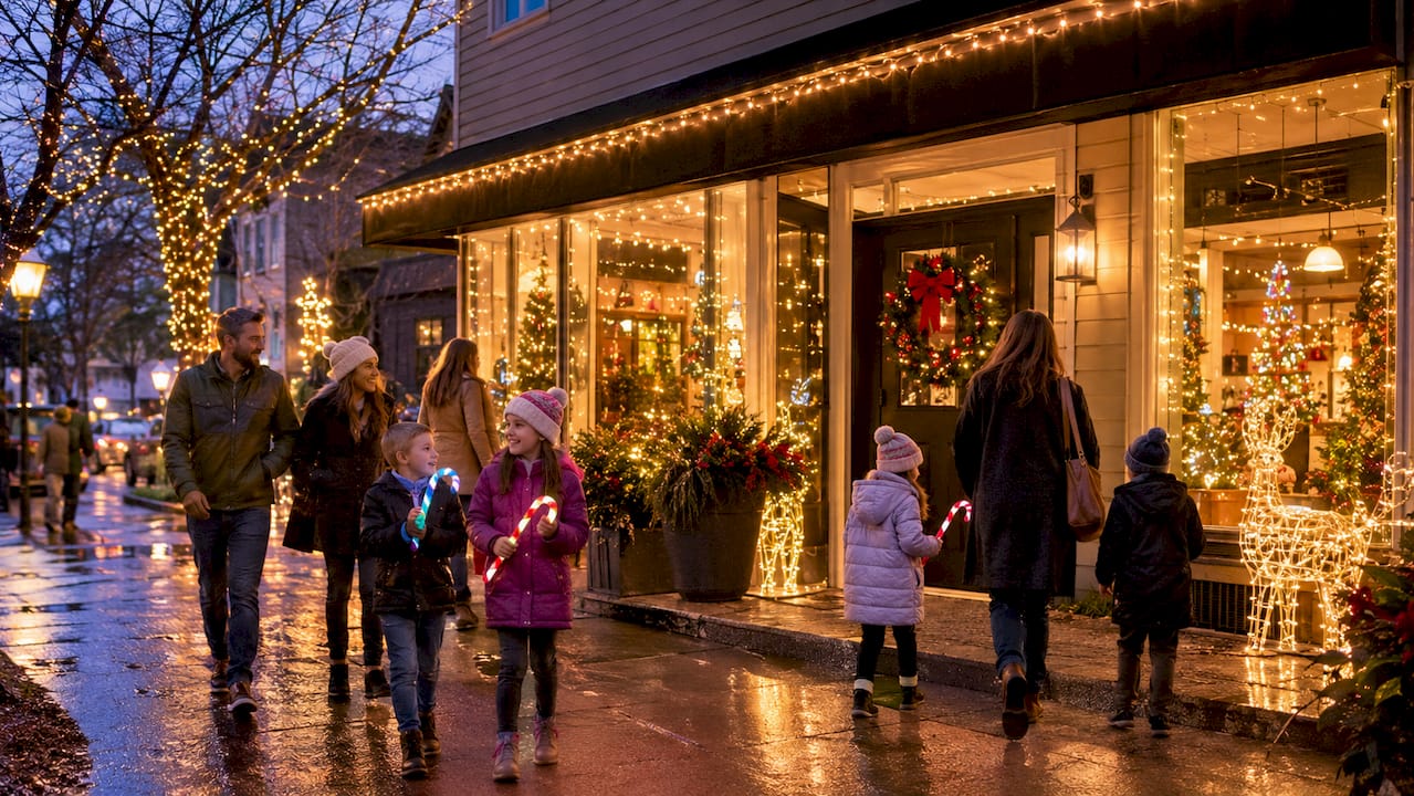 Retail store with festive holiday lighting at dusk