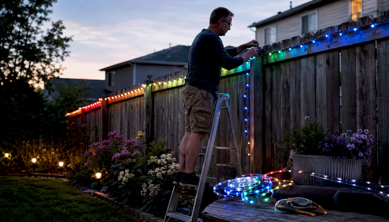 Homeowner installing music-synced RGB lights on roofline