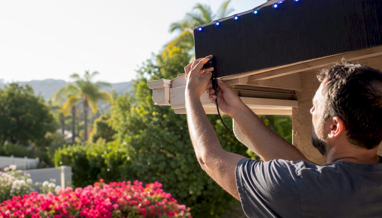 Hands mounting pixel LED coro prop on roofline