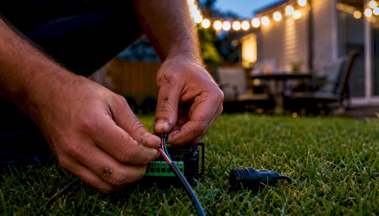 Hands wiring pixel lighting controller outdoors