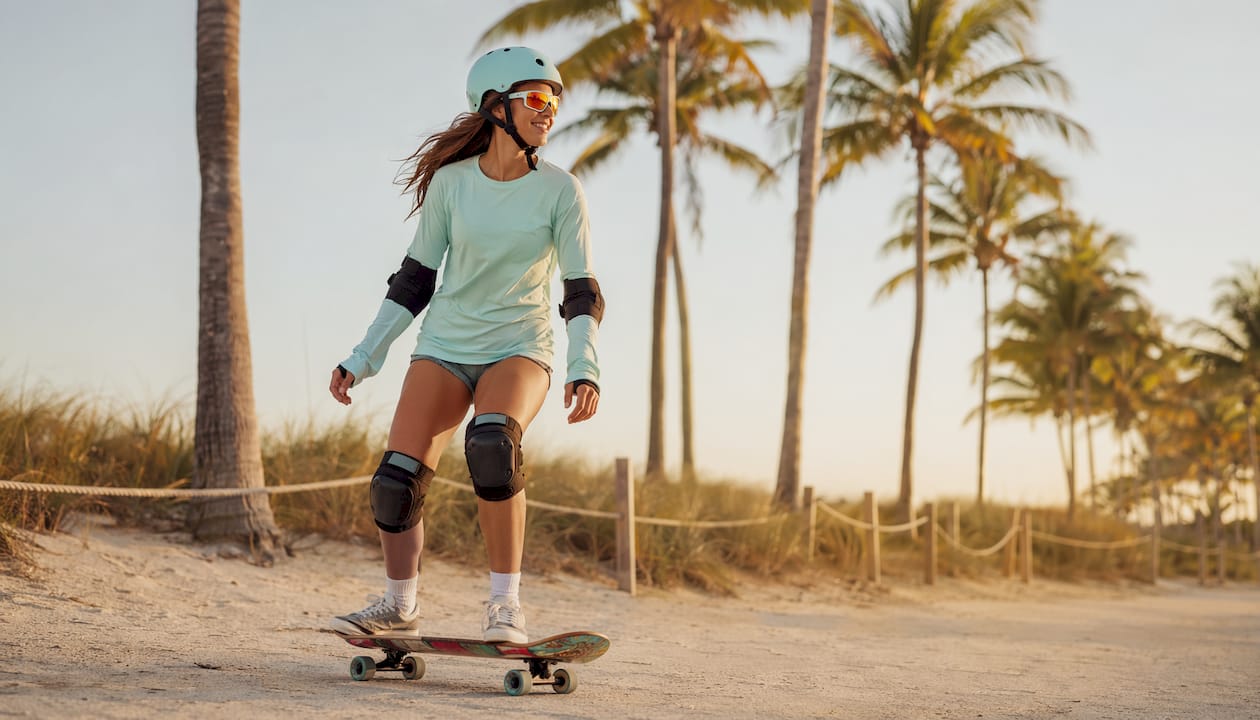 Skater using UV protective clothing and gear outdoors