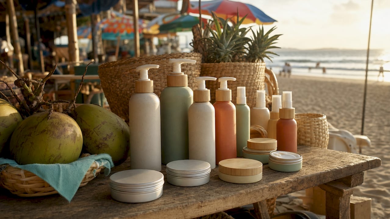 Close-up of US-made tallow sunscreens on rustic table