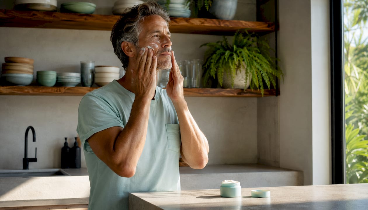 Man applying vitamin E moisturizer cream at vanity