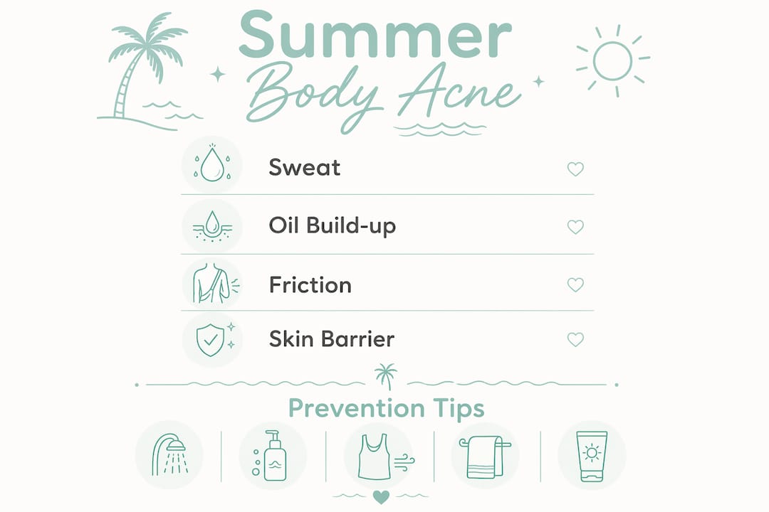 Infographic showing summer body acne causes and prevention