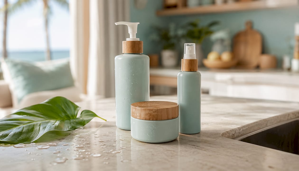 Reef-friendly body and hair skincare products on counter