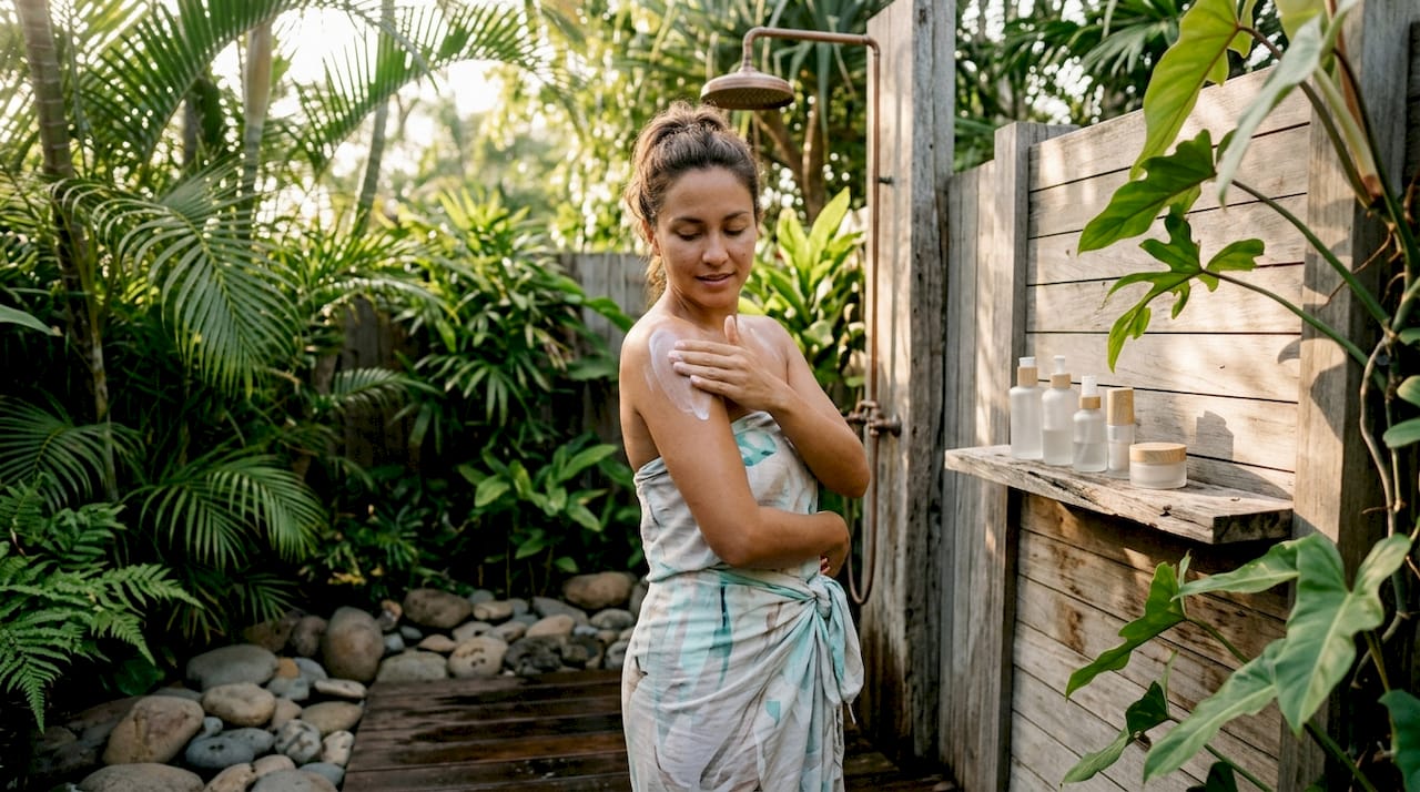 Woman applying luxury body sunscreen lotion