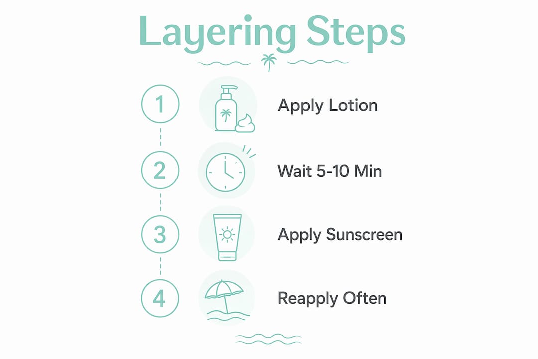 Infographic illustrating layering sunscreen and lotion steps