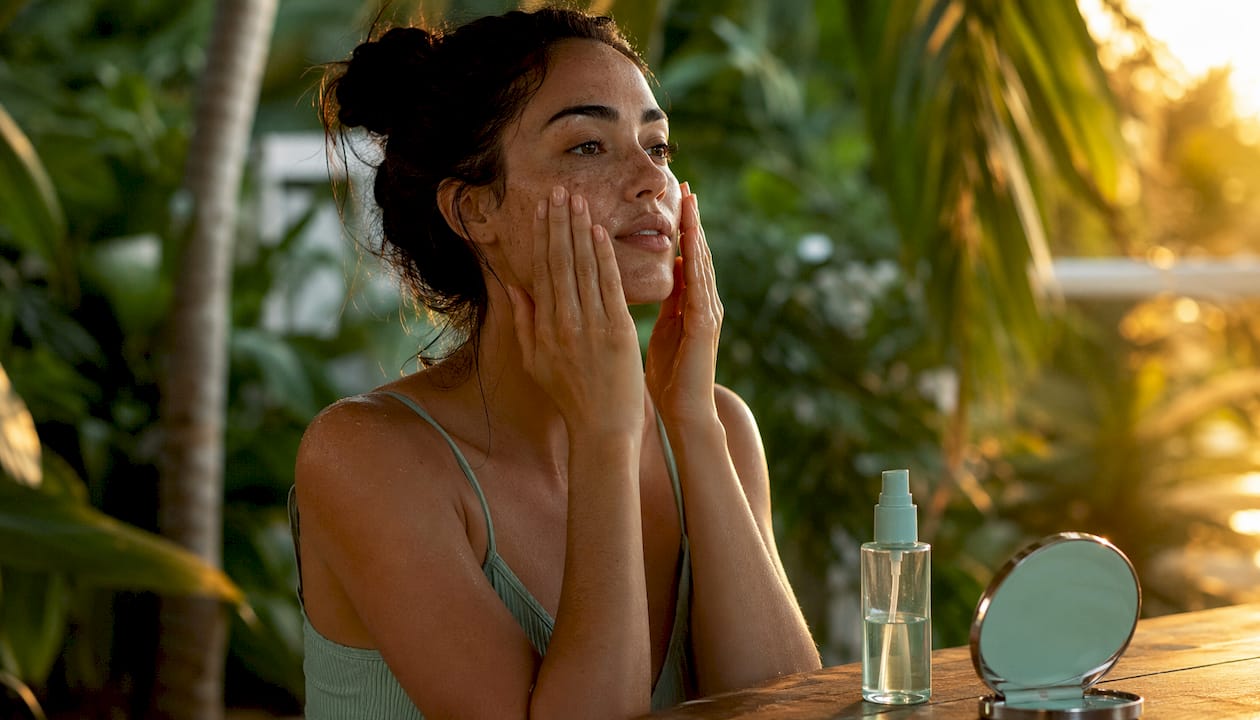 Hands pressing SPF mist on face for coverage