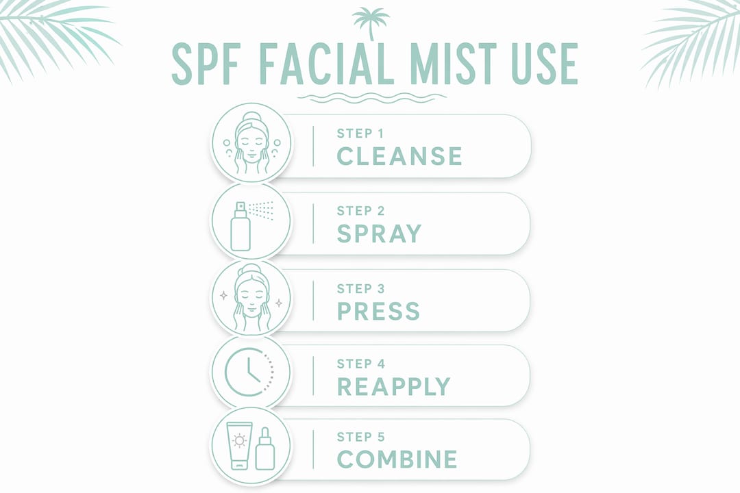 Infographic illustrating SPF facial mist application steps