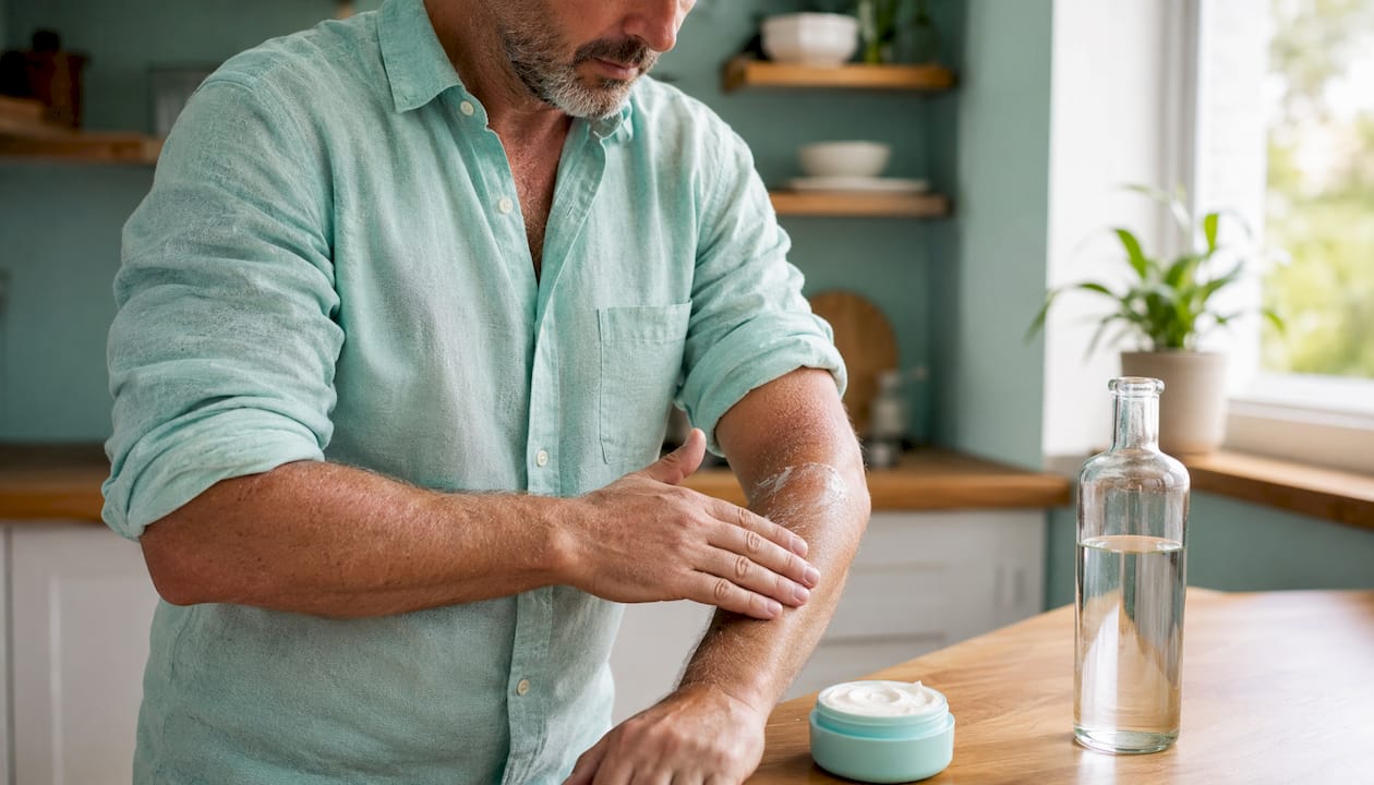 Man applying moisturizer after beach