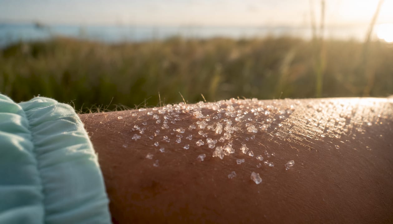 Close-up of salt crystals on dry skin