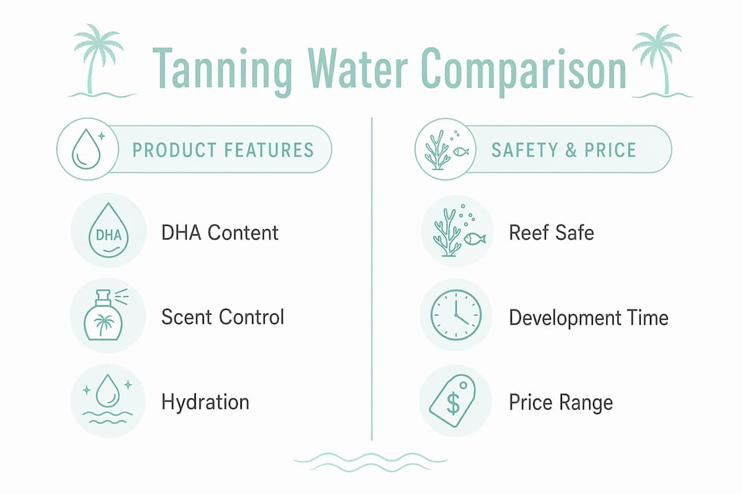 Infographic comparing tanning water products' features and safety