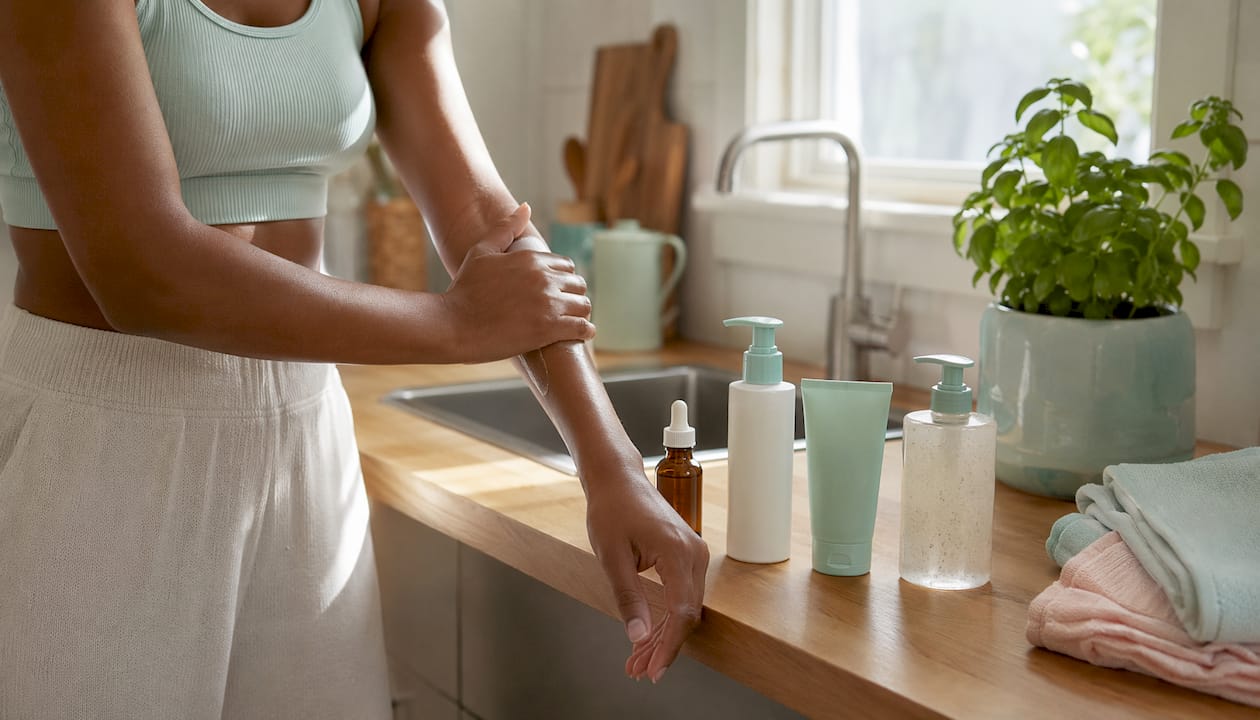 Hands applying lotion in bathroom with skincare products