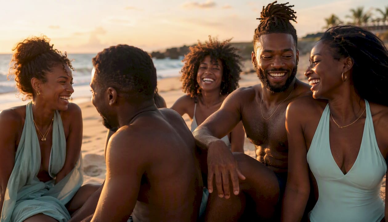 Group with diverse darker skin tones in sunlight