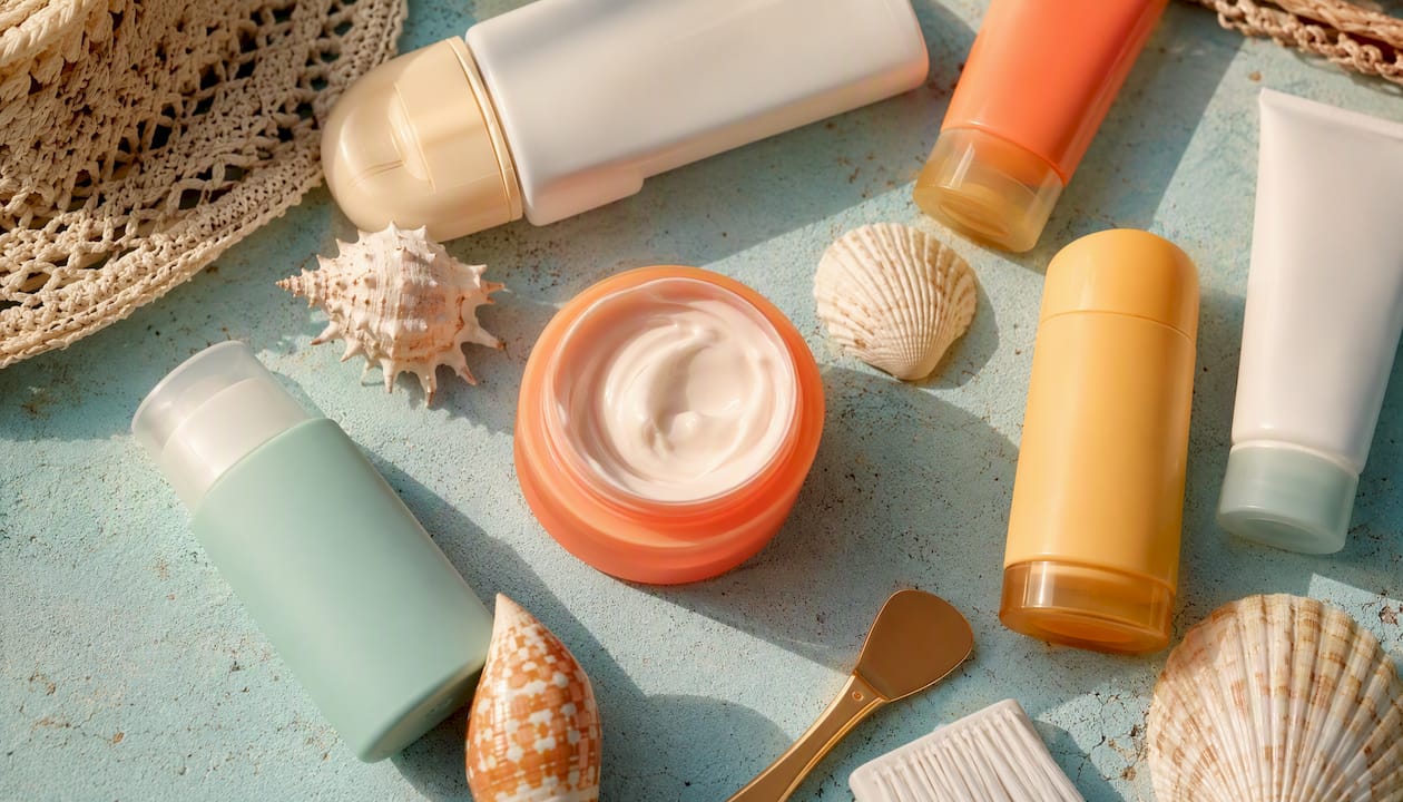 Tinted mineral SPF skincare products flat lay