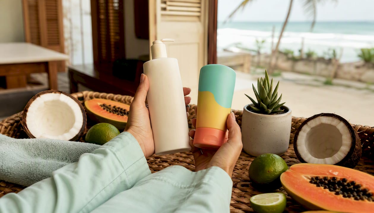 Hands comparing luxury and affordable body lotion bottles