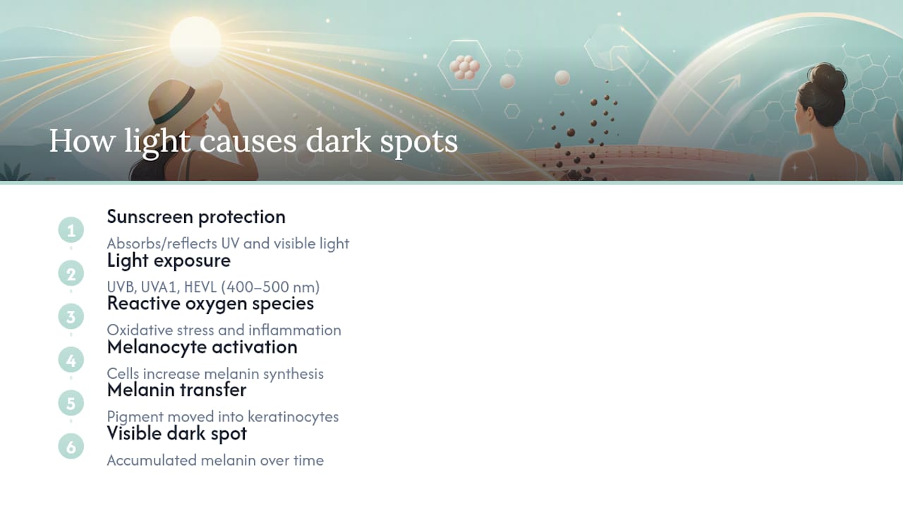 How light exposure triggers dark spots — and where sunscreen interrupts the process — overview diagram